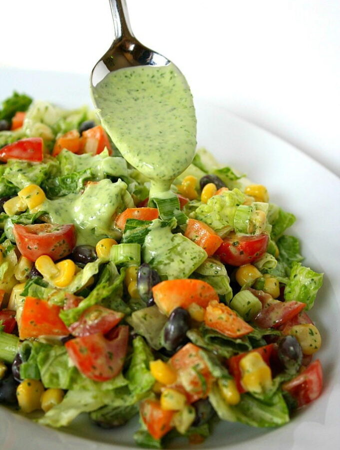 Southwestern Chopped Salad with creamy avocado dressing on plate