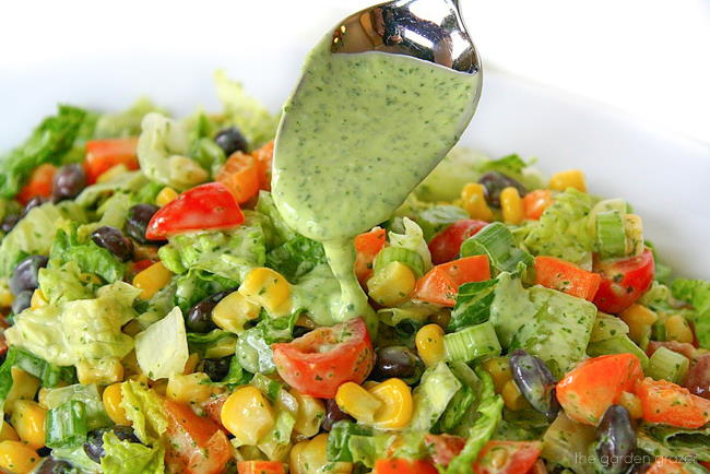 Southwest salad on a plate with avocado dressing