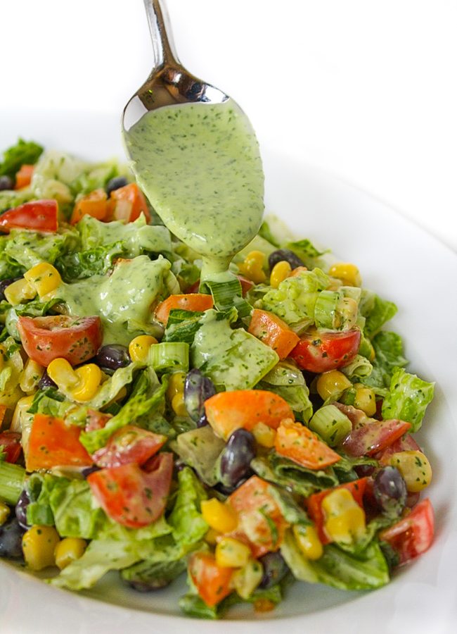 Southwestern Chopped Salad with creamy avocado dressing on plate