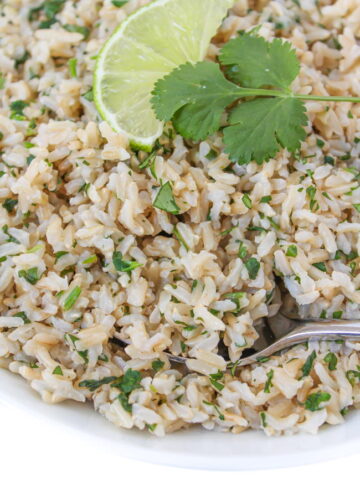 bowl of cilantro lime brown rice with spoon