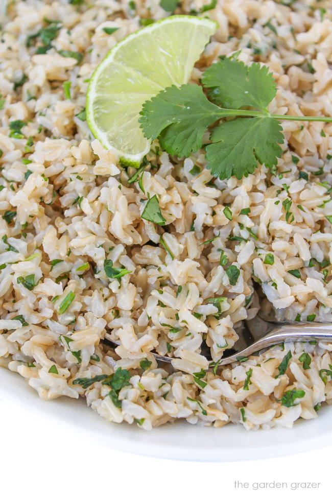 bowl of cilantro lime brown rice with spoon