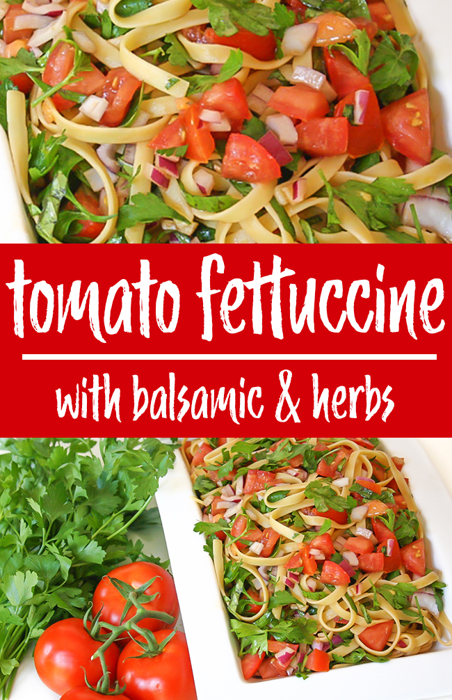 photo collage of fresh tomato fettuccine with balsamic