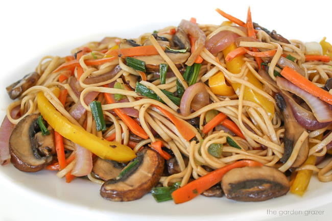 Vegetable lo mein on a plate