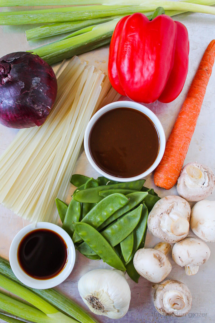 Ingredients like fresh veggies, hoisin sauce, tamari, and noodles laid out on a metal tray
