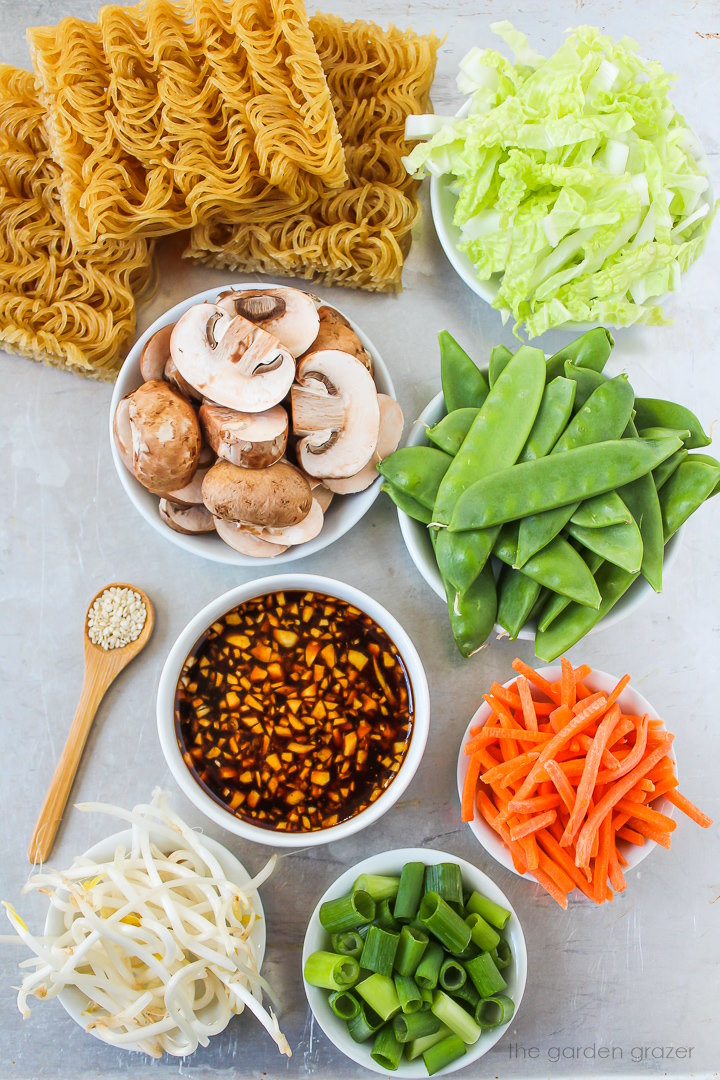 Ramen noodles, napa cabbage, carrots, mushrooms, snow peas, and sauce ingredients laid out on a metal tray
