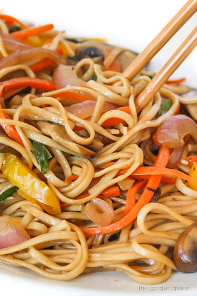 Zoomed-in photo of vegetable lo mein on a plate with chopsticks