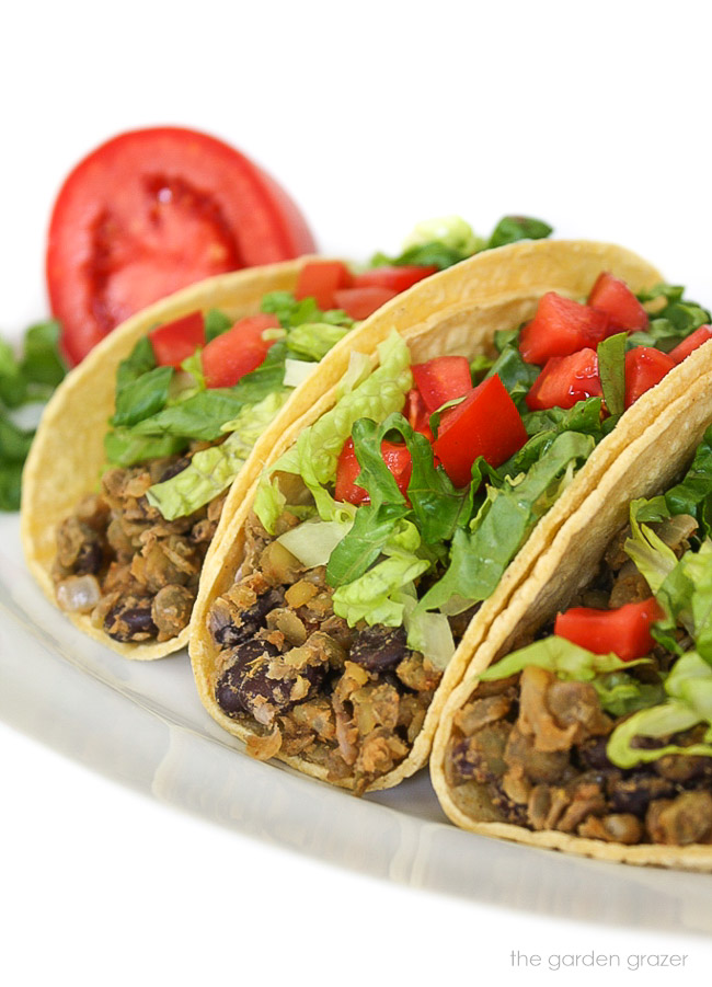 Three black bean lentil tacos