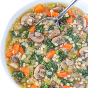 Vegan mushroom barley soup in a bowl