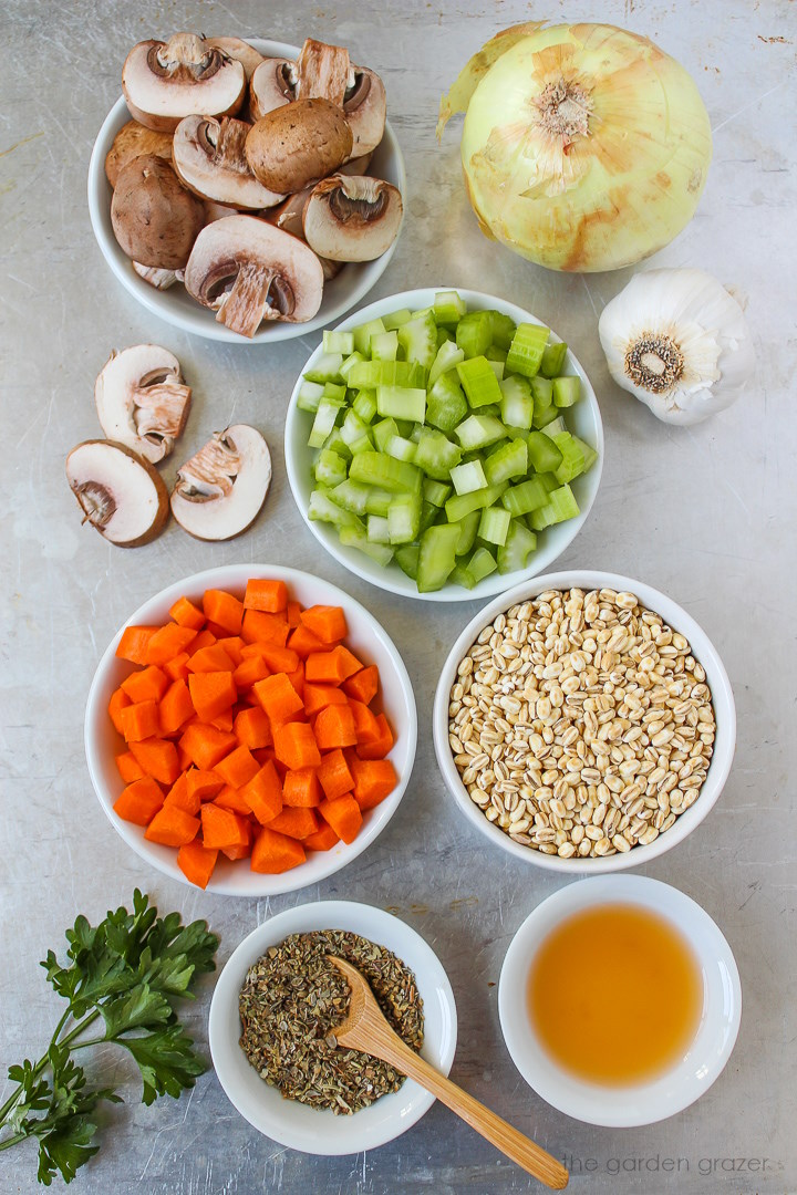 Carrot, celery, onion, garlic, parsley, vinegar, and herb ingredients laid out on a metal tray