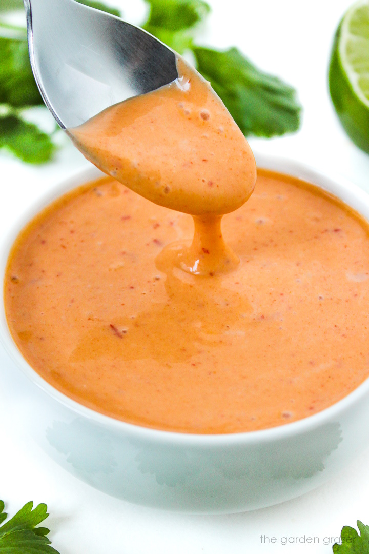 Close-up view of vegan yogurt creamy chipotle sauce in a small white bowl