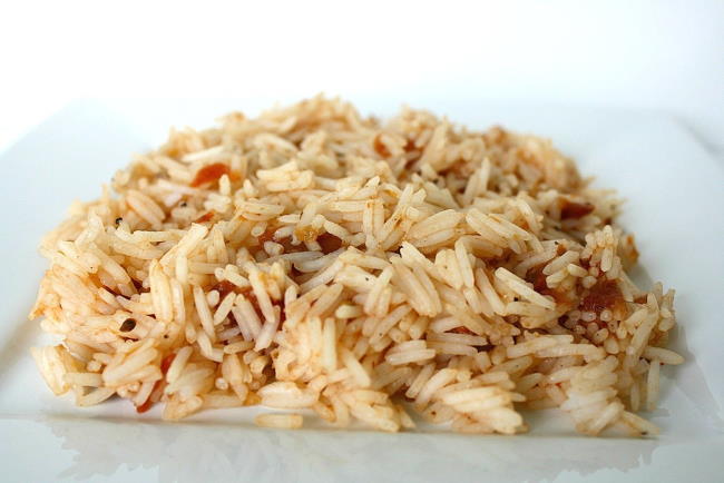 Plate with brown rice and salsa mixed together