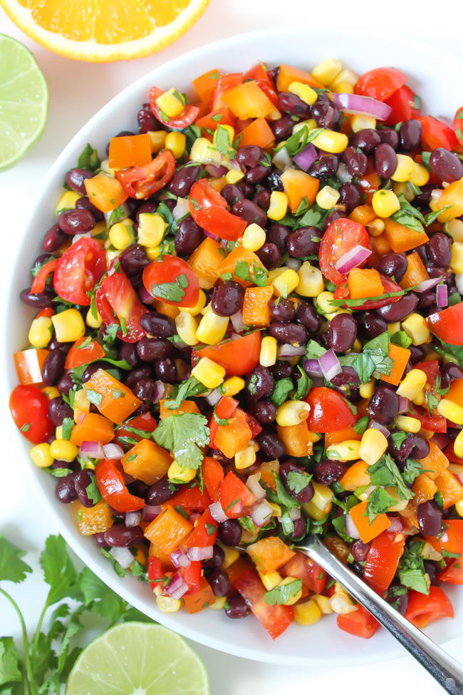 Vegan southwest black bean salad with citrus dressing in a bowl