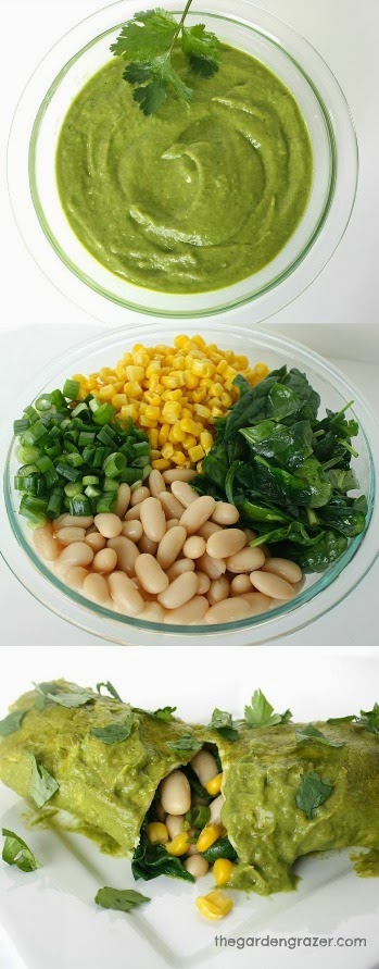 Photo collage of white bean spinach enchiladas