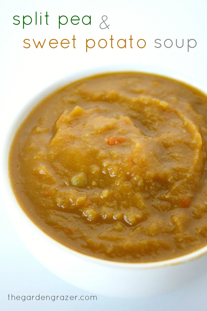 Bowl of blended split pea soup with sweet potatoes
