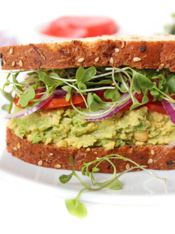 Vegan chickpea avocado mash sandwich with sprouts and tomato on a white plate