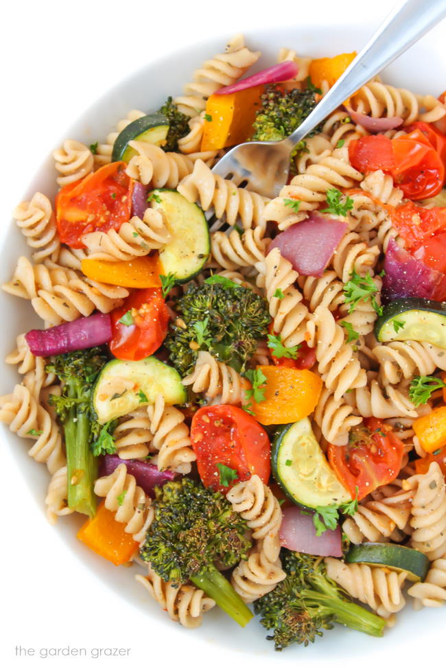 Roasted Vegetable Pasta with balsamic in a bowl