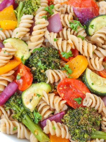 Roasted vegetable balsamic pasta in a white bowl
