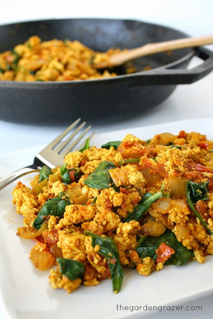 Plate of tofu scramble with skillet in background