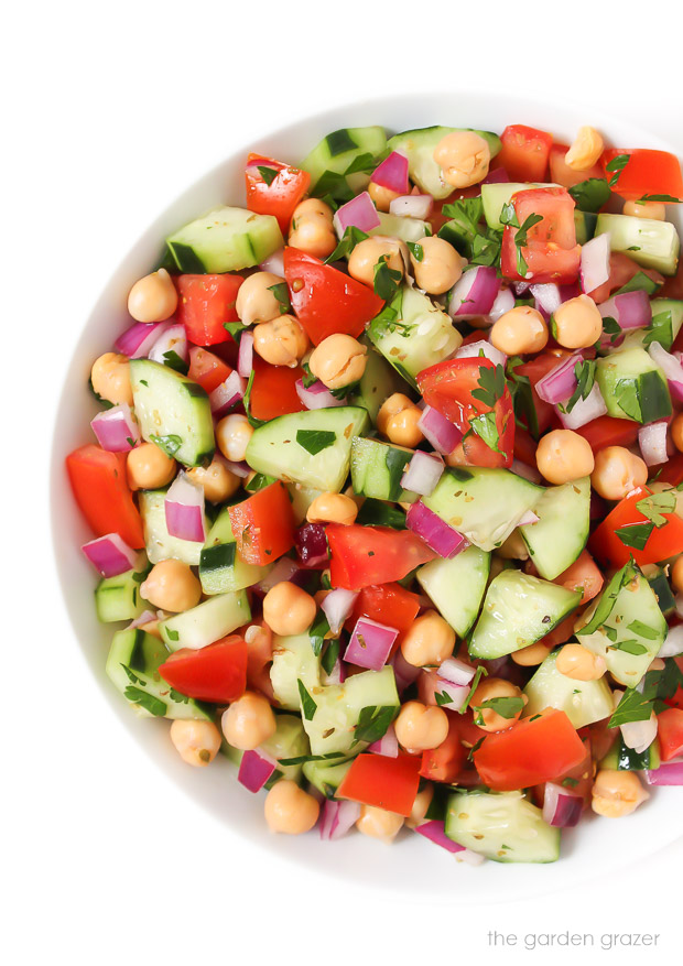 Ultimate Greek Salad with chickpeas in a bowl