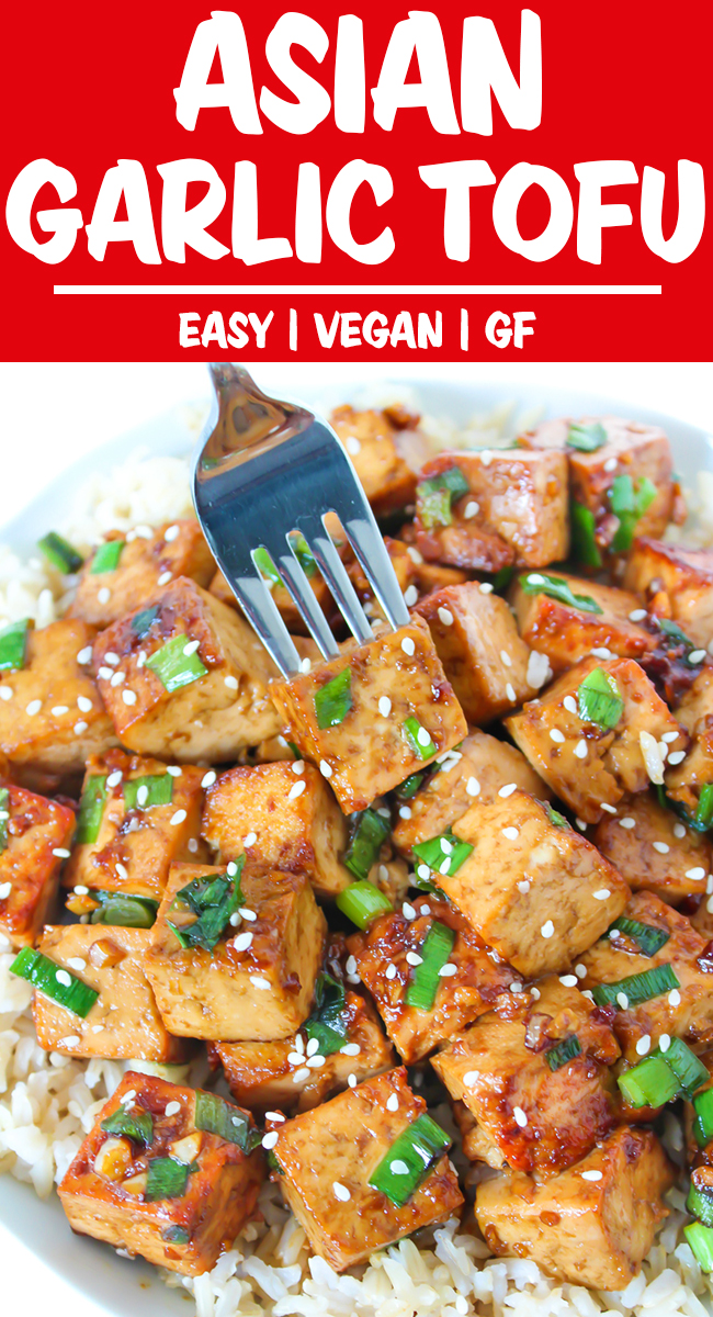 vegan garlic tofu cubes with green onion on brown rice