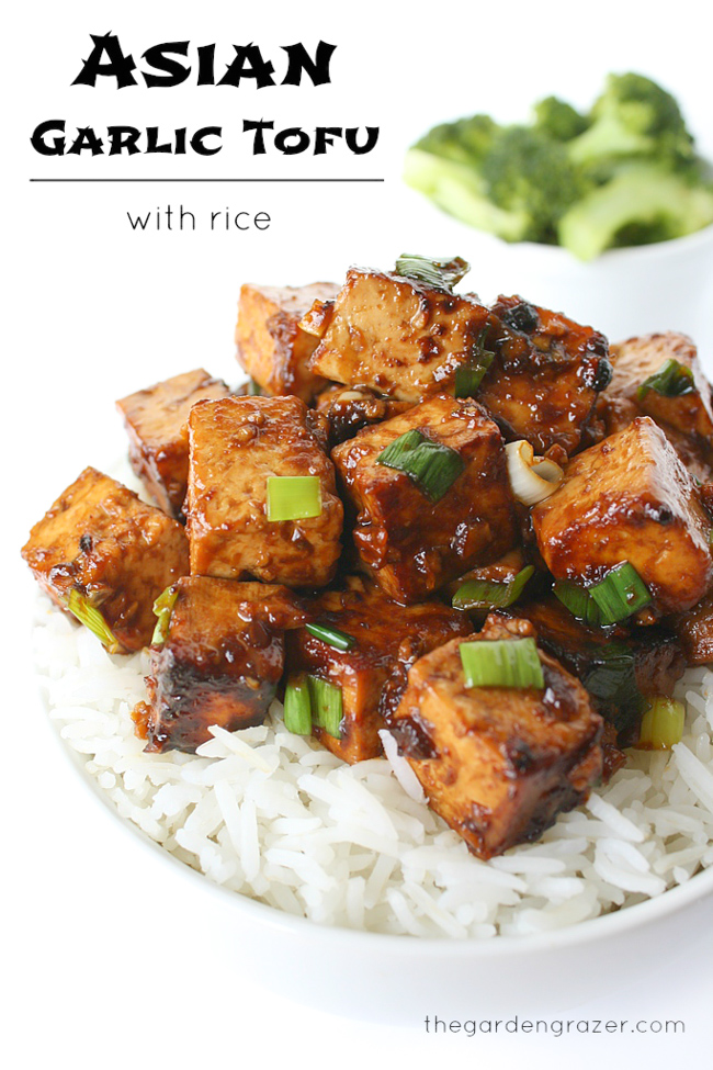 Bowl with cooked tofu, rice and broccoli
