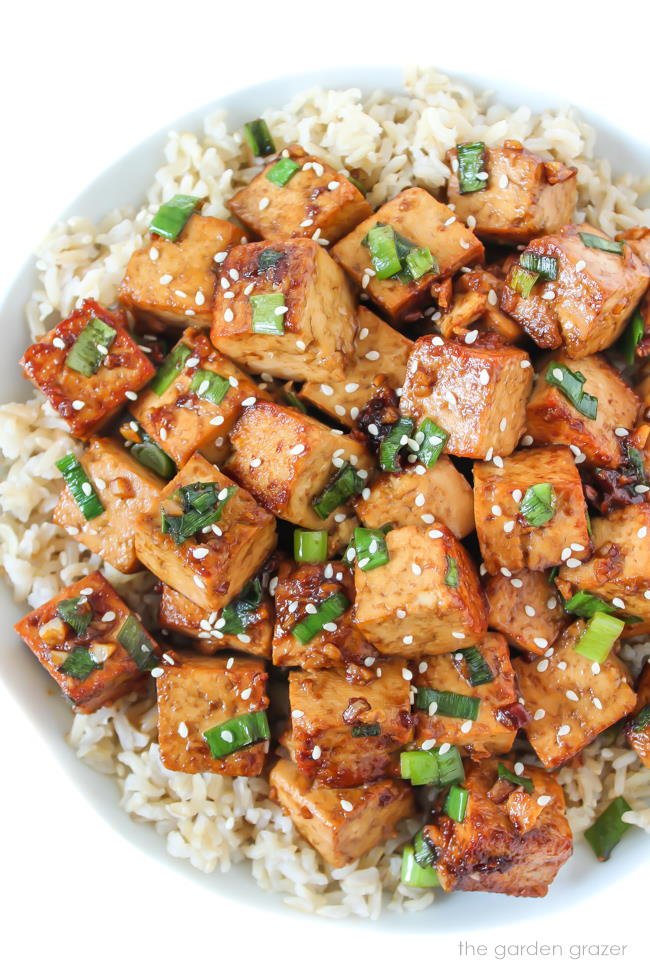 Large bowl of Asian Garlic Tofu cubes with brown rice and green onion