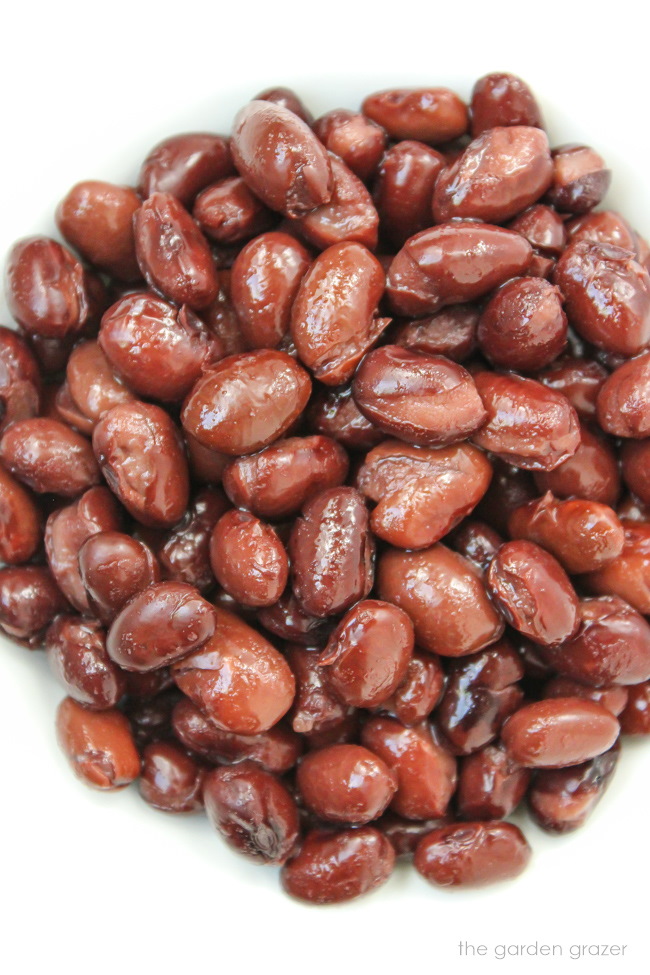 Cooked beans in a small white bowl