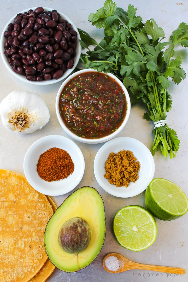 Overhead view of salsa, fresh cilantro, garlic, avocado, corn tortillas, lime, and seasoning ingredients laid out on a metal tray