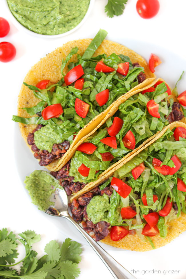 Three black beans tacos in corn tortillas on a white plate