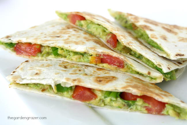 Vegan Avocado Quesadillas with tomato on a plate