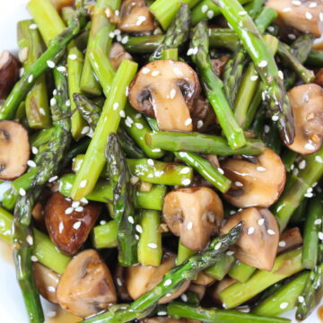 Mushroom stir-fry with garlic sauce on a small plate