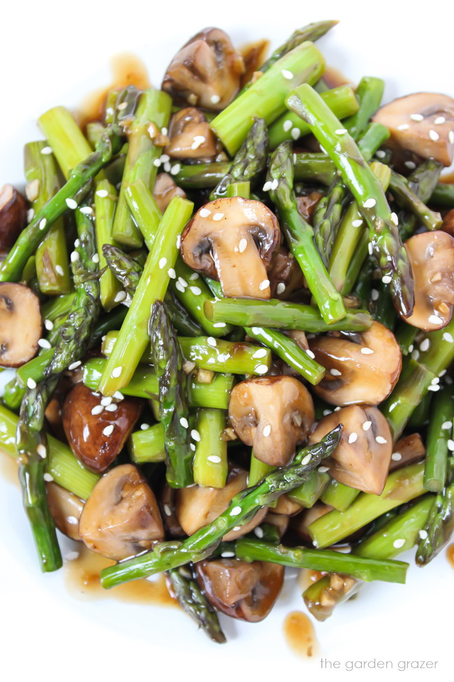 Mushroom stir-fry with Asian-style garlic sauce on a small plate
