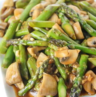 Asparagus mushroom stir fry on a plate