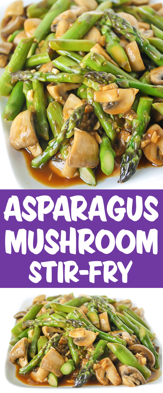 Photo collage of asparagus mushroom stir fry