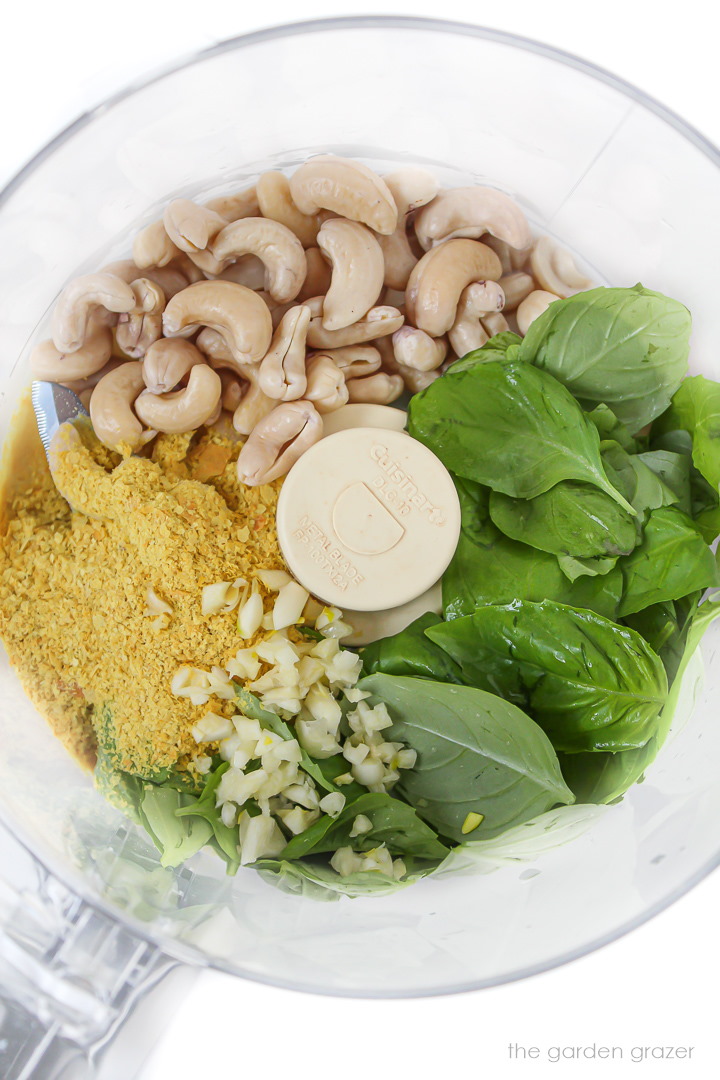 Fresh ingredients in a food processor before blending