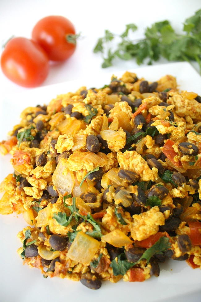 Southwest tofu scramble with black beans on a plate