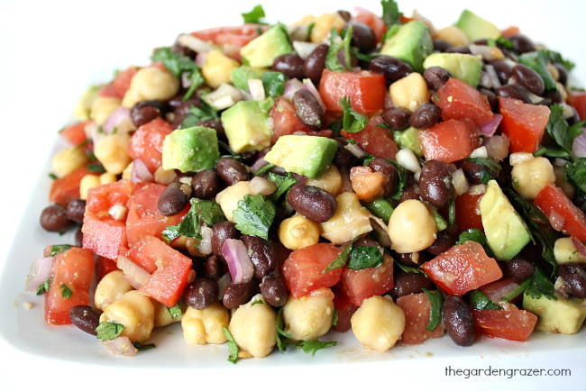 Fiesta bean salad with avocado and tomato on a plate