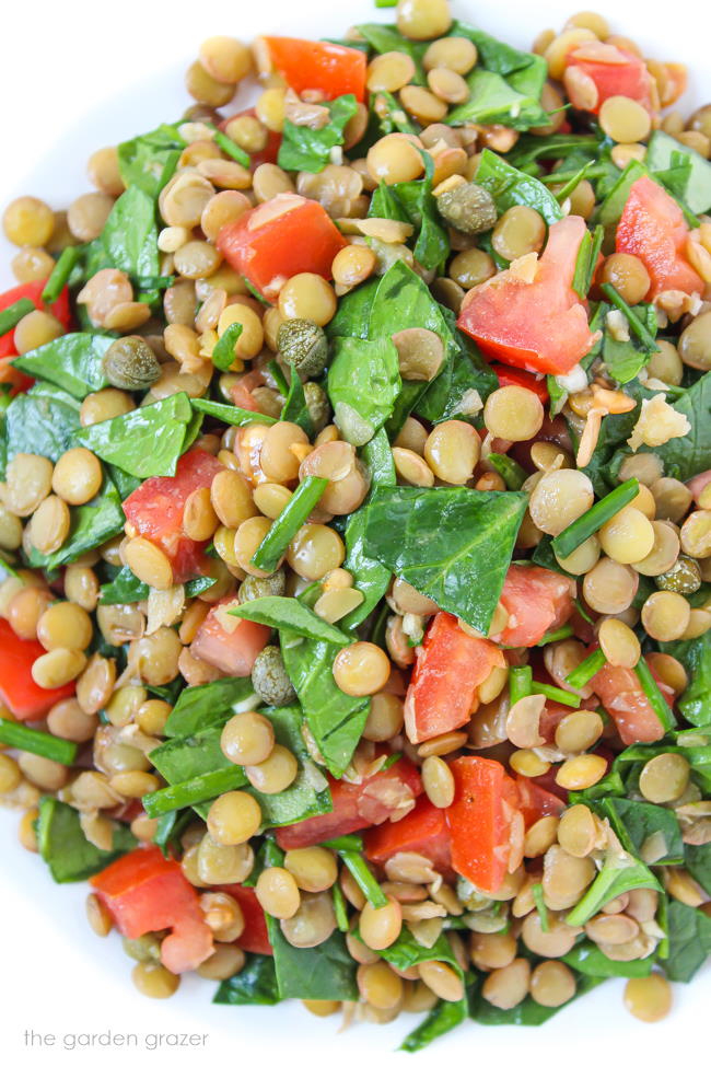 Bowl of Lentil Balsamic Salad with spinach and capers