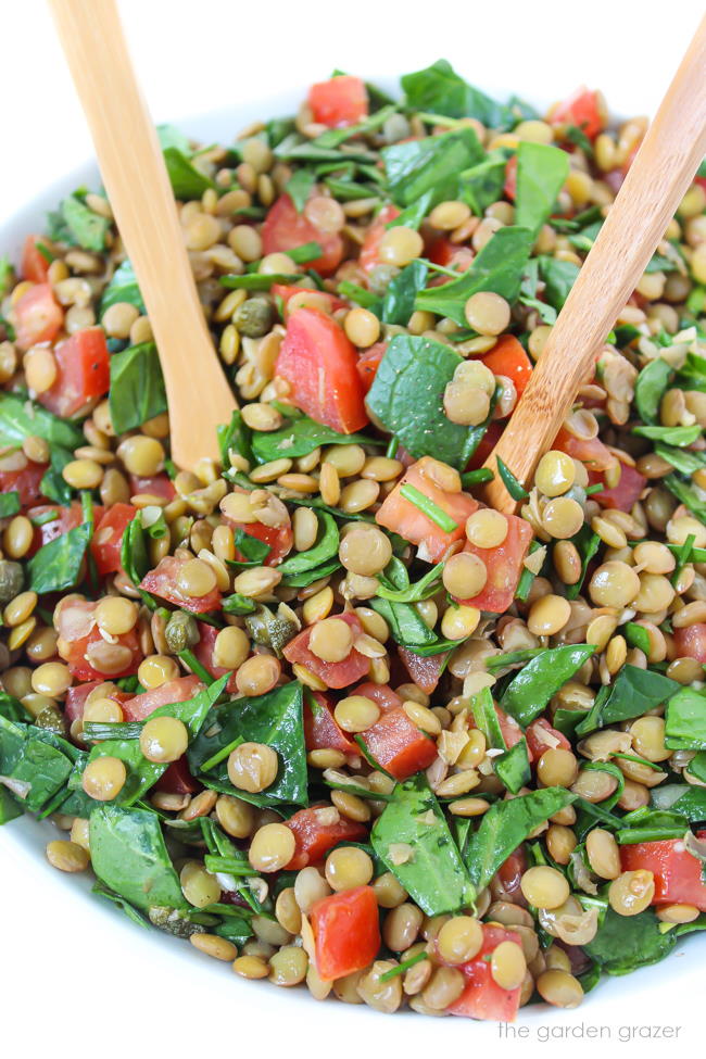 Vegan lentil salad with spinach, tomatoes, and capers