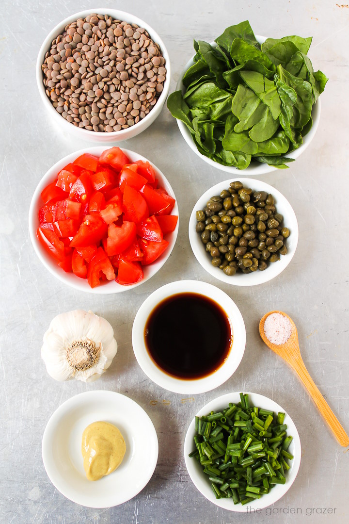 Overhead view of brown lentils, fresh spinach, tomato, capers, garlic, balsamic, and chive ingredients laid out on a metal tray