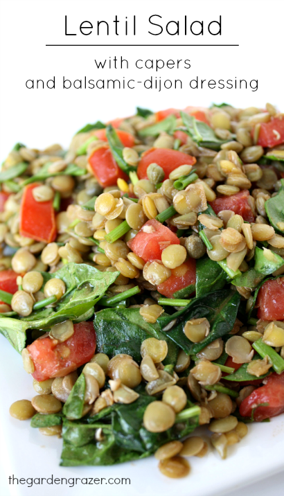 Vegan lentil caper salad with tomatoes and spinach