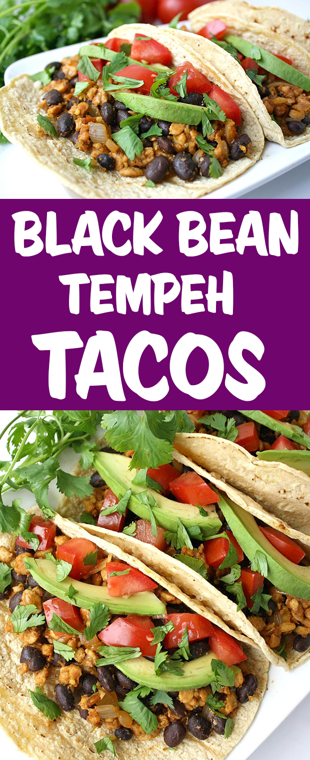 Photo collage of black bean tempeh tacos