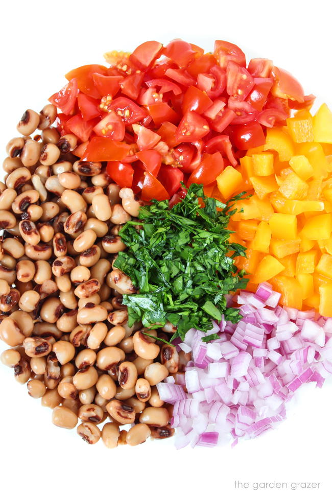 Ingredients in a bowl for black eyed pea salad