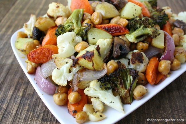 Small plate with roasted vegetables and garbanzo beans