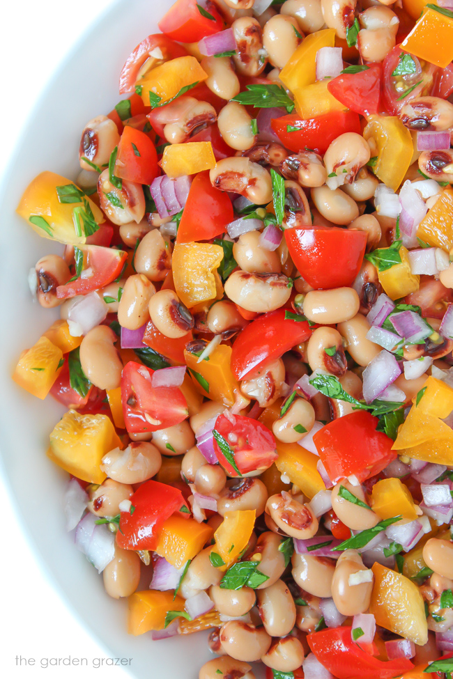 Vegan black-eyed pea salad with tomato and bell pepper