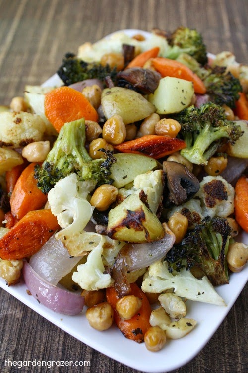 Plate of sheet pan vegetables with chickpeas