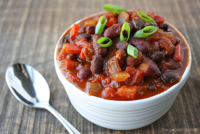 Vegan chili in a bowl with spoon