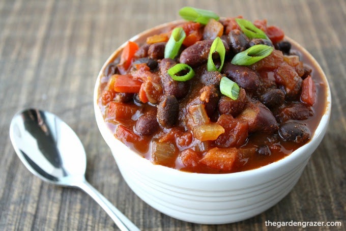 Bowl of hearty vegan chili with spoon