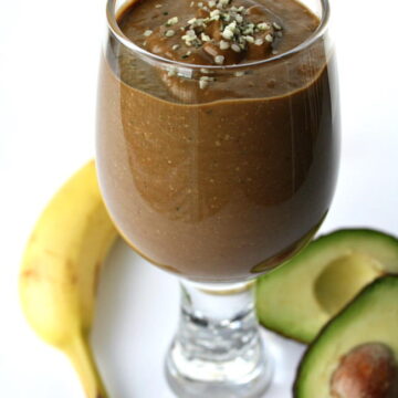 Vegan chocolate hemp power smoothie with banana in a glass