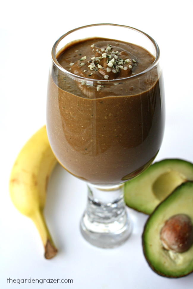 Vegan chocolate hemp power smoothie with banana in a glass
